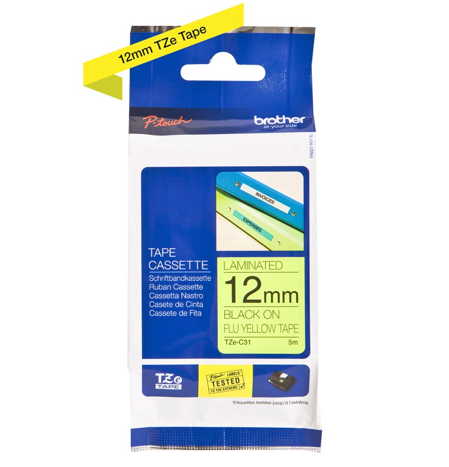 Cassetta nastro per etichettatura originale Brother TZe-C31 – Nero su giallo fluorescente, 12 mm di larghezza 3